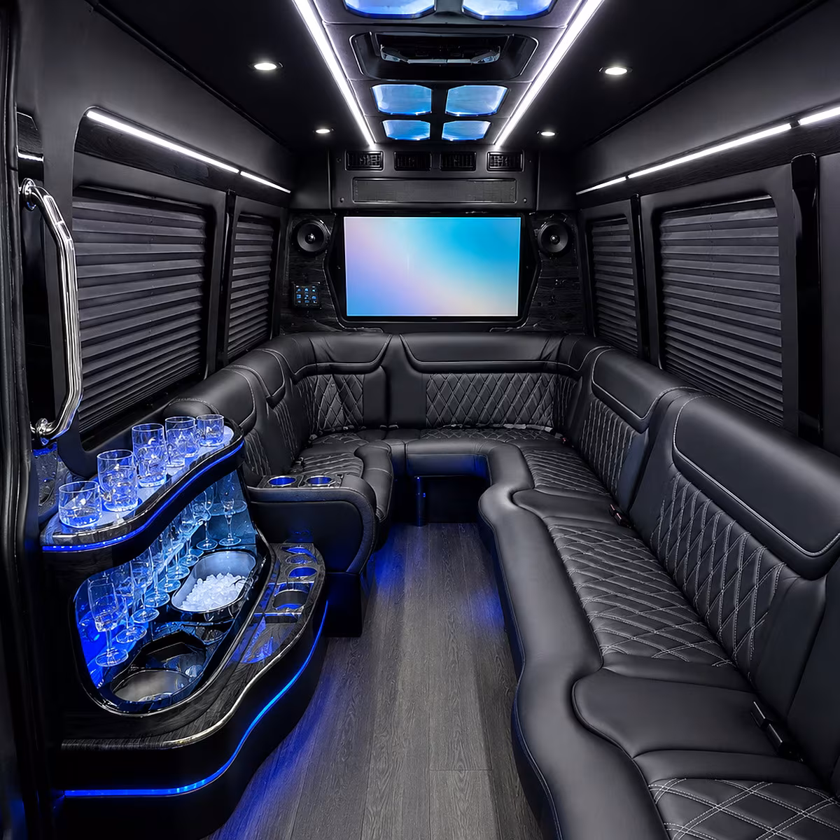 Group beside a Mercedes Sprinter limo in Beaumont